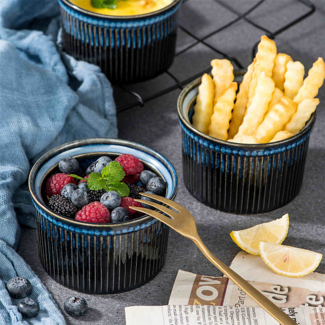 Casets 8oz ramekins, set of 6 oven-safe ceramic dishes for individual desserts and dipping sauces.