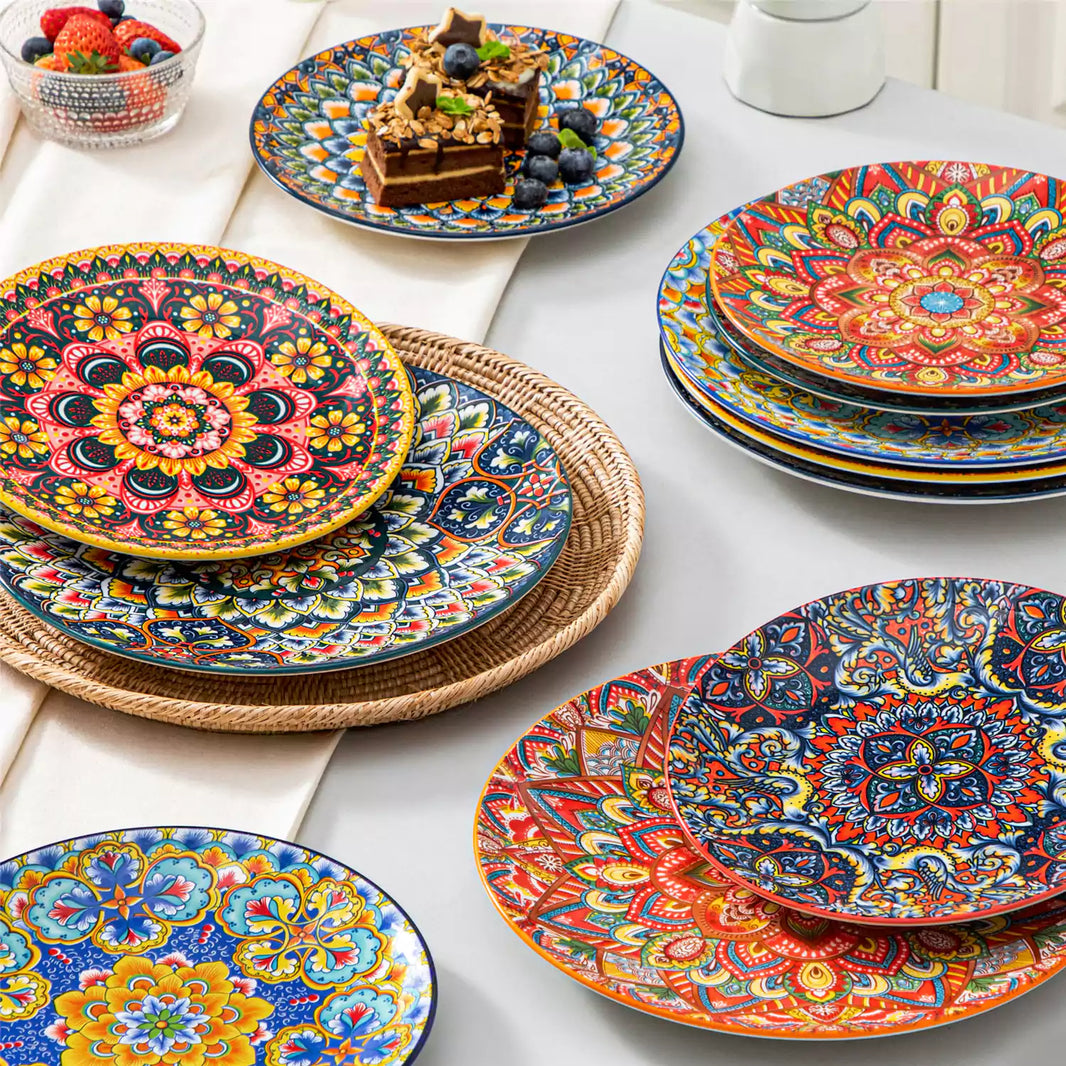Lumi 8.5" Bohemian salad plate on a white table, featuring a chocolate mousse topped with fresh berries.